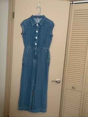 Free People Denim Button-Front Jumpsuit in Blue